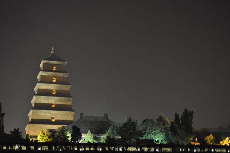 Gran Pagoda del Ganso Salvaje de noche